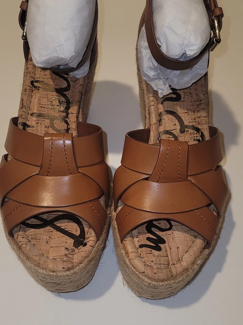 Sam Edelman Marietta Tan Leather Espadrille Wedge Sandals